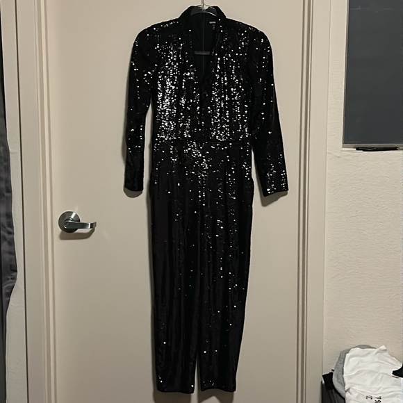 Express Women's Black Sequin Jumpsuit Size XS Petite Party V-Neck - Picture 4 of 10